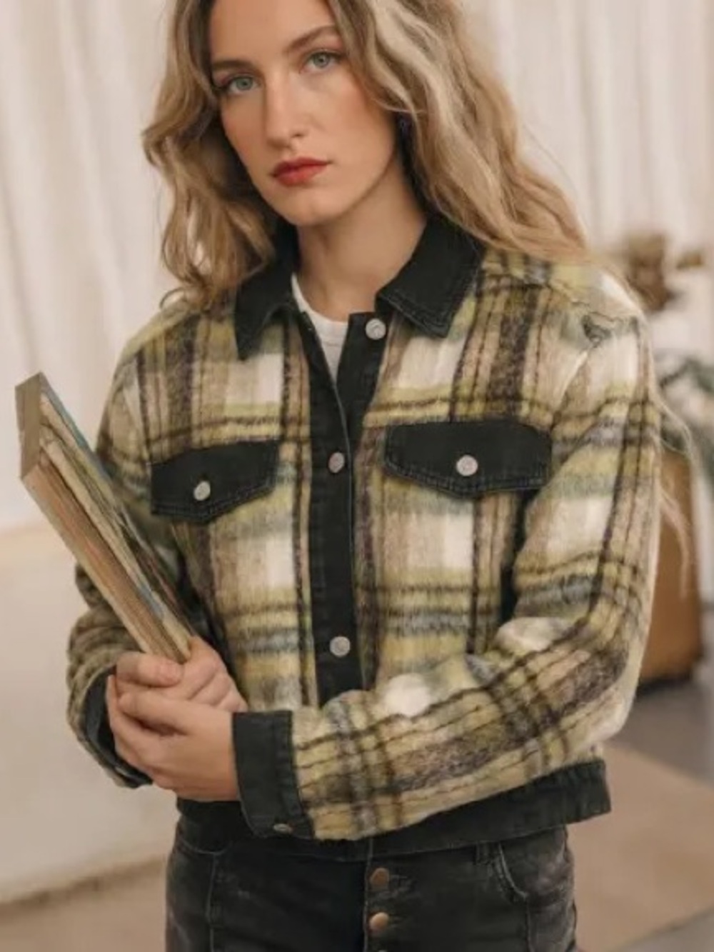 For The Republic Plaid Cropped Shacket Jacket in Yellow-Green Plaid Size S/P NWT